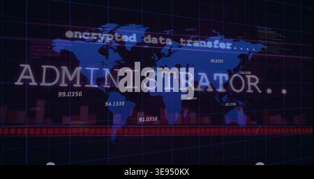 Displaying ADMIN overlay on blue map updating on console as encrypted stream starting, red waveform Stock Photo