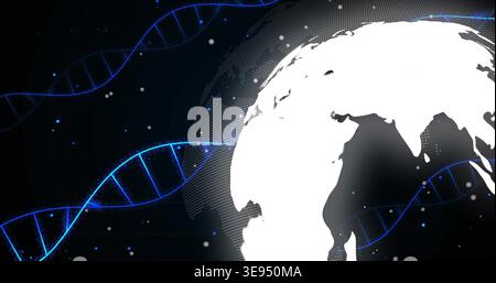 Starting white Earth silhouette rotating at right on startup, highlighting DNA strands, copy space Stock Photo