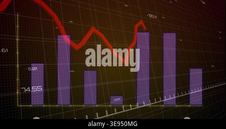 Displaying 3D financial chart on dark grid plane, showing translucent purple bars, jagged red line Stock Photo