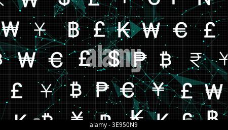 Floating white currency symbols array filling black grid canvas, forming teal network with nodes Stock Photo
