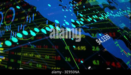 Showing blue map silhouette on virtual dashboard displaying 94 Stock Photo