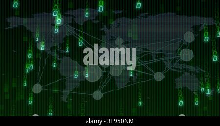 Streaming global network map pulsing across dark green interface, binary digits driving node glow Stock Photo