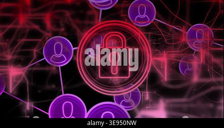 Glowing neon padlock icon sitting inside concentric rings in virtual network, showing avatar nodes Stock Photo