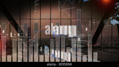 Showing financial visuals over glass grid at dusk, displaying candlesticks, red or blue lines, numbe Stock Photo