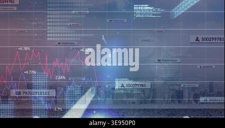 Displaying financial dashboard overlay over road to skyline, showing two line charts and ID tags Stock Photo