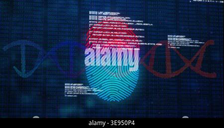 Glowing stylized biometric fingerprint pulsing on cyber dashboard, with code panels and green data Stock Photo