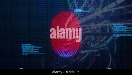 Displaying stylized fingerprint glowing red-purple at center on navy UI, with teal numeric columns Stock Photo