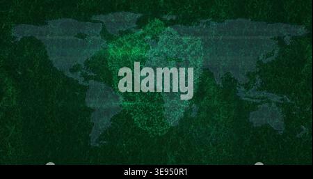 Animating data map on screen receiving pulse, forming dot-matrix lands with green cloud over Africa Stock Photo