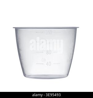 Front view of empty plastic measuring cup isolated on white Stock Photo