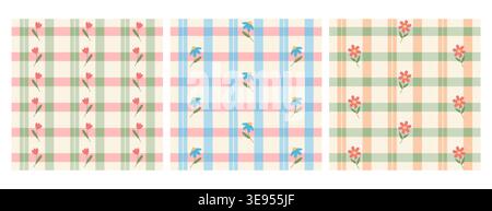 Vichy check seamless pattern, plaid square backgrounds with cute flowers in pastel color. Gingham floral, checkered spring geometric texture for fabric design, tablecloth textile print, picnic blanket Stock Vector