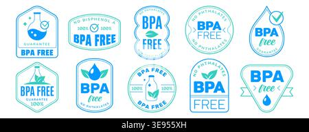 Bpa free badges logo vector set. No bisphenol and phthalates blue outline icons for healthy or safety. Eco friendly product label design with water drop, green leaf and tick sign. Non toxic seals Stock Vector