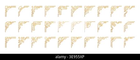 Golden chinese corners vector set. Gold japanese frames, asian vintage border ornaments isolated on white background. Traditional korean decorative divider, japan ancient line art elegant decoration Stock Vector