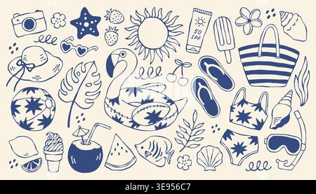 Mediterranean summer vector set with beach icons and tropical elements. Hand drawn blue travel illustrations featuring flamingo, sun and fruits for Stock Vector