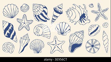 Mediterranean seashells vector set featuring blue hand drawn marine icons. Elegant nautical starfish and sea shells collection for coastal branding Stock Vector