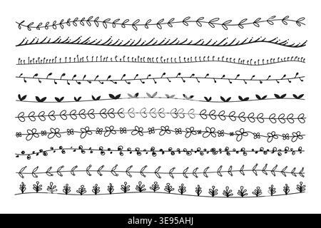 Cute Hand Drawn Nature Leaf Border Set. Abstract seamless lines, decorative brush strokes sketched dividers Stock Vector