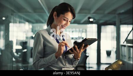 Reading, programmer and woman with tablet in agency, ai model prototyping and server configuration. Review, system testing and mature technician with Stock Photo