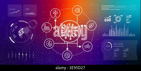 artificial intelligence and sustainable energy concept AI powered with renewable power sources like solar wind and hydro on futuristic dashboard Stock Vector