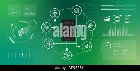 AI data center power server rack with green energy sources and ecological monitoring representing sustainable computing environmental impact and eco Stock Vector