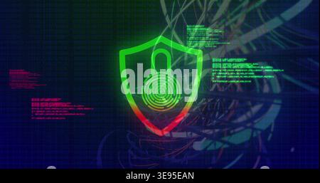 Starting biometric scan, shield emblem verifying access on security UI with padlock and rings Stock Photo