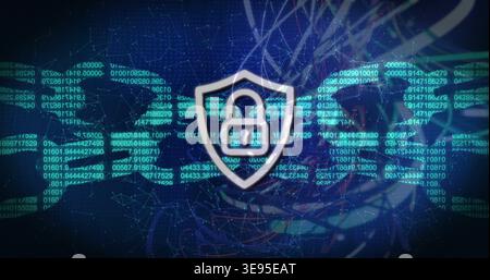 Detecting intrusion, white shield with padlock emitting glow over network, protecting cyan code Stock Photo