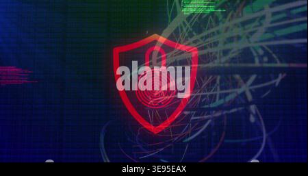Displaying red shield with padlock and fingerprint rings in cyber grid, light trails streaming Stock Photo