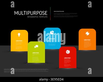 This modern infographic template features five colorful steps on a dark background. Each infographic element includes an icon and text area designed f Stock Vector