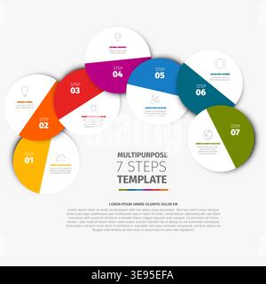 This infographic template features 7 steps in a circle design for business or marketing. Navigate through each circle and step within the multipurpose Stock Vector