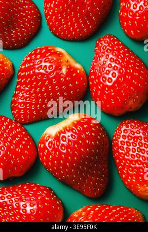 Fresh Strawberries Pattern on Teal Background Stock Photo