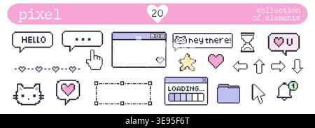 Assorted pixel style interface graphics including messaging icons cursors buttons and decorative symbols for digital design use Stock Vector