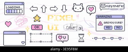 Creative mix of pixel interface graphics combined with hand drawn scribbles and decorative accents for trendy digital compositions Stock Vector