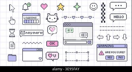 Various pixel style interface icons including messaging windows cursors symbols and controls arranged over a grid pattern Stock Vector