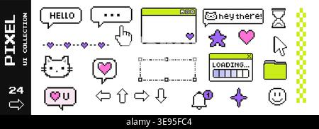 Mixed pixel style interface graphics including messaging icons navigation arrows notifications and system elements arranged as a cohesive collection Stock Vector