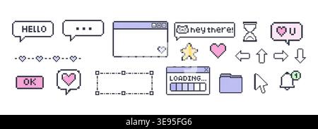 Assorted pixel style interface graphics including messaging bubbles navigation icons system windows and interactive controls Stock Vector