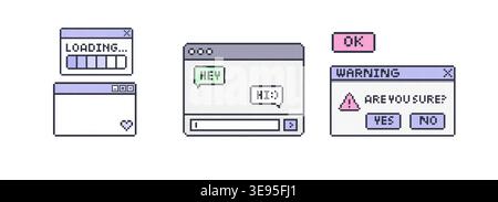 Retro style interface graphics featuring messaging windows system dialogs progress indicators and interactive controls for digital applications Stock Vector
