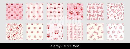 Seamless cherry pattern set with pink bows and hearts. Cute coquette design for fabric, wallpaper, or gift wrap. Sweet girly print with vintage charm and romantic ribbon accents. Vector illustration Stock Vector