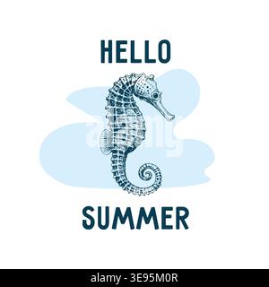 Illustration of a seahorse with the text "Hello Summer" in a playful font, featuring a light blue background and a whimsical design suitable for Stock Vector