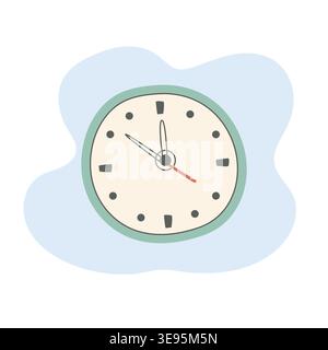 Simple illustration of a round wall clock with black numbers and hands on a light blue background, showing the time at three o'clock Stock Vector