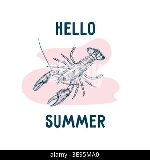 Lobster illustration with hand-drawn style, featuring the text "Hello Summer" in bold letters against a soft pink background Stock Vector