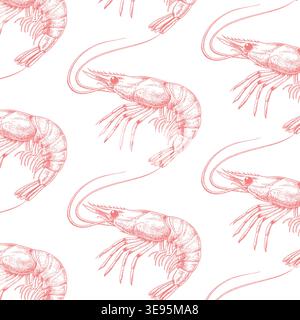 Pattern illustration of pink shrimp with detailed line art on a white background, showcasing the intricate features and textures of the marine Stock Vector