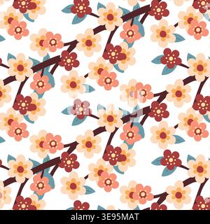 Floral pattern featuring pink and red blossoms with green leaves on a white background, suitable for fabric, wallpaper, or stationery design Stock Vector