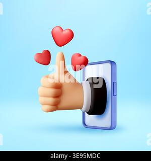 3D hand thumbs up from smartphone with red hearts Stock Vector