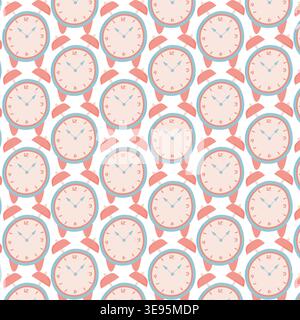 Pattern of vintage alarm clocks with pink and blue accents arranged in a repetitive design on a white background, ideal for textile or wallpaper Stock Vector