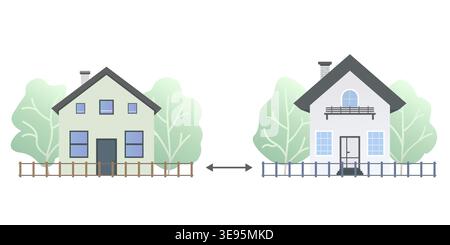 Minimum distance between buildings. Showcasing a residential house and shop with a distance indicator in a vector illustration. Regulation for human Stock Vector