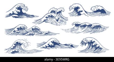 Sketch sea waves. Ocean blue water surfing wave vintage hand drawn, foam and storm splashes doodle, nautical outline in ukiyoe Japanese engraving Stock Vector