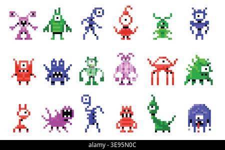 Monster pixel art. 8 bit arcade retro game character, space alien pixel Halloween mascot. 80s video game animal, galaxy invader enemy, cosmic virus Stock Vector