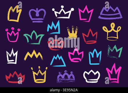 Crown doodle color paint. Freehand graffiti tiara, abstract grunge ink princess, queen and king, prince distressed stroke classic crowns royalty Stock Vector