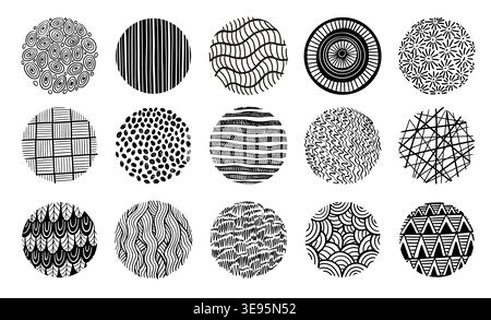 Pattern texture circle doodle patterns with circular geometric ornamental motifs, hand drawn abstract round elements, stripes, lines, dots, waves and Stock Vector