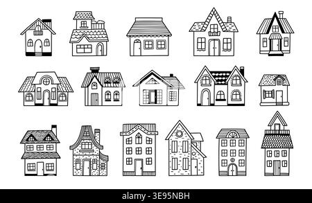 House home doodle buildings and cottages, cute residential architecture with facade, windows, doors, roofs, chimneys and balconies, hand drawn black Stock Vector