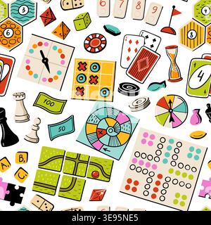 Board game seamless pattern with colorful cartoon tabletop pieces, cards, dice, domino, spinner, chess pawn, tic tac toe, snake ladder, ludo and bingo Stock Vector