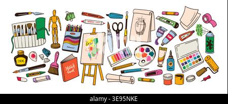 Art supplies tools colorful set for artist painting and drawing, vector hand drawn brushes, easel, palette, sketchbook, paint tubes, ink bottle Stock Vector